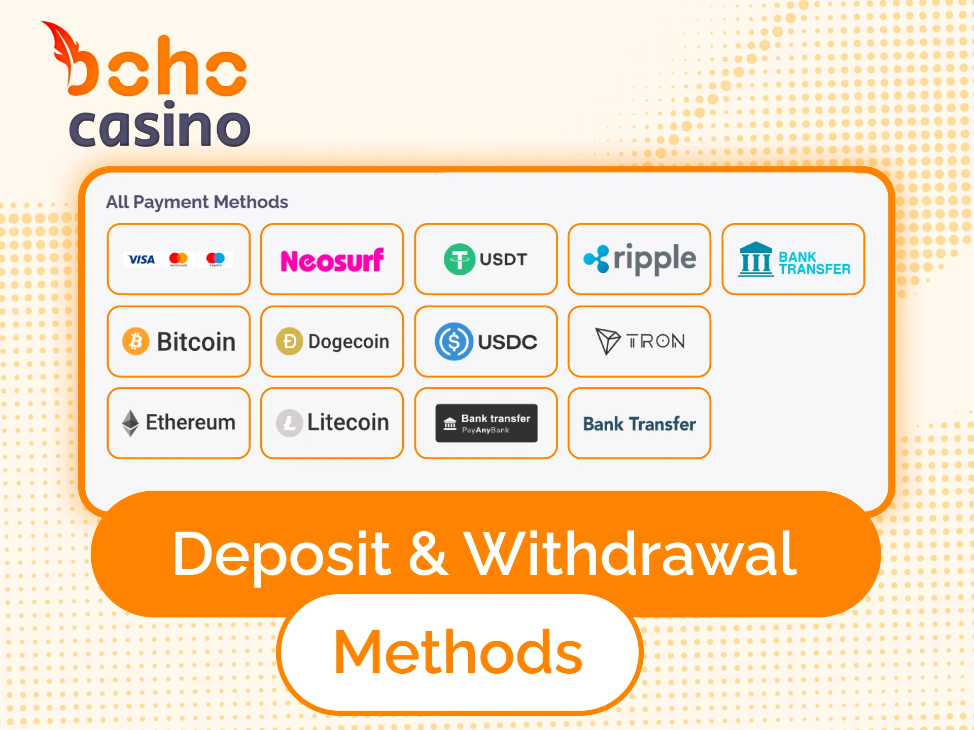 Choose your convenient payment method at Boho Live Casino.